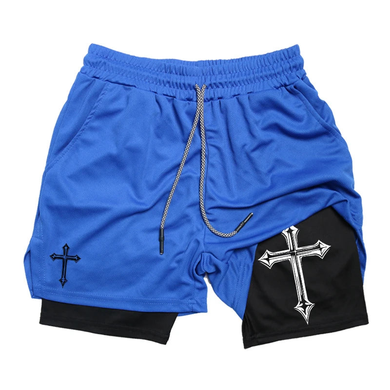 Cross Print 2-in-1 Gym Shorts with Pocket