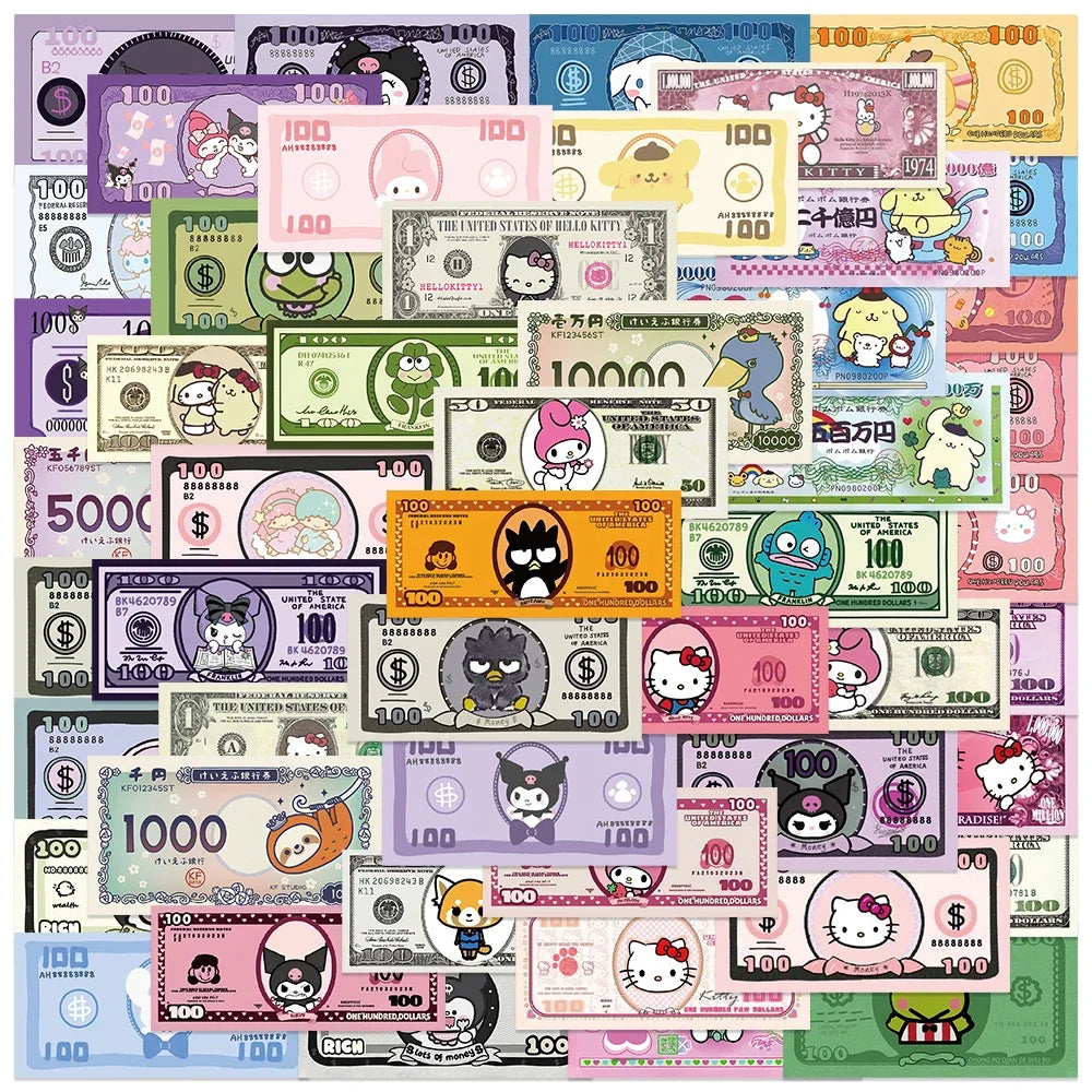 Hello Kitty & Kuromi Money Stickers – 50pcs Kawaii Decals