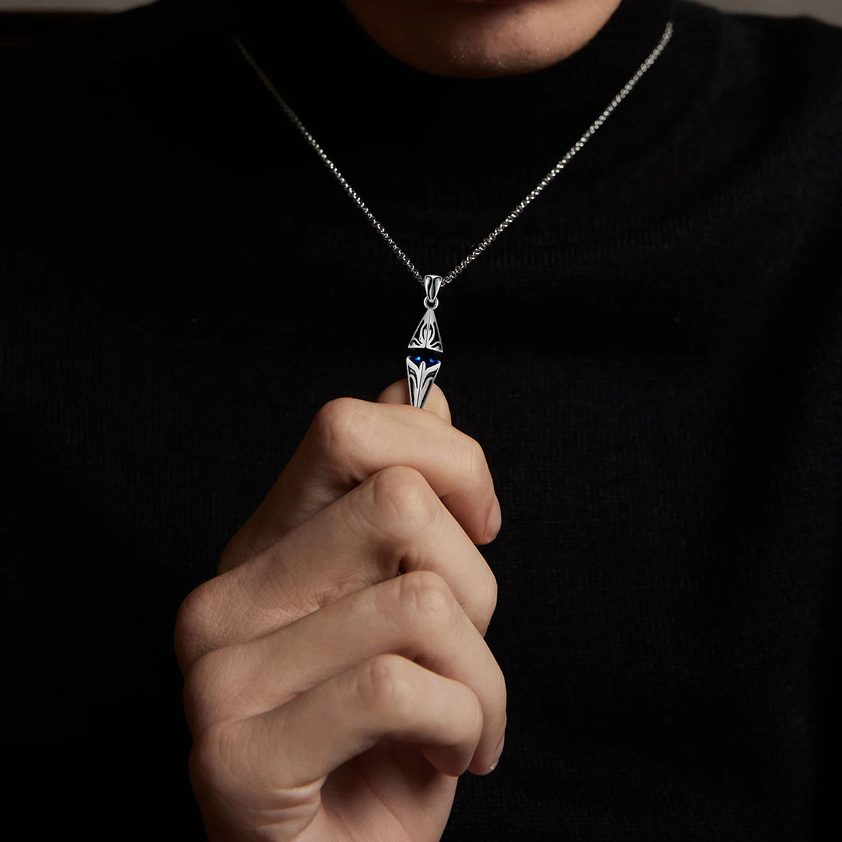 Blue Stone Cube Pendant Necklace – Men's Stainless Steel
