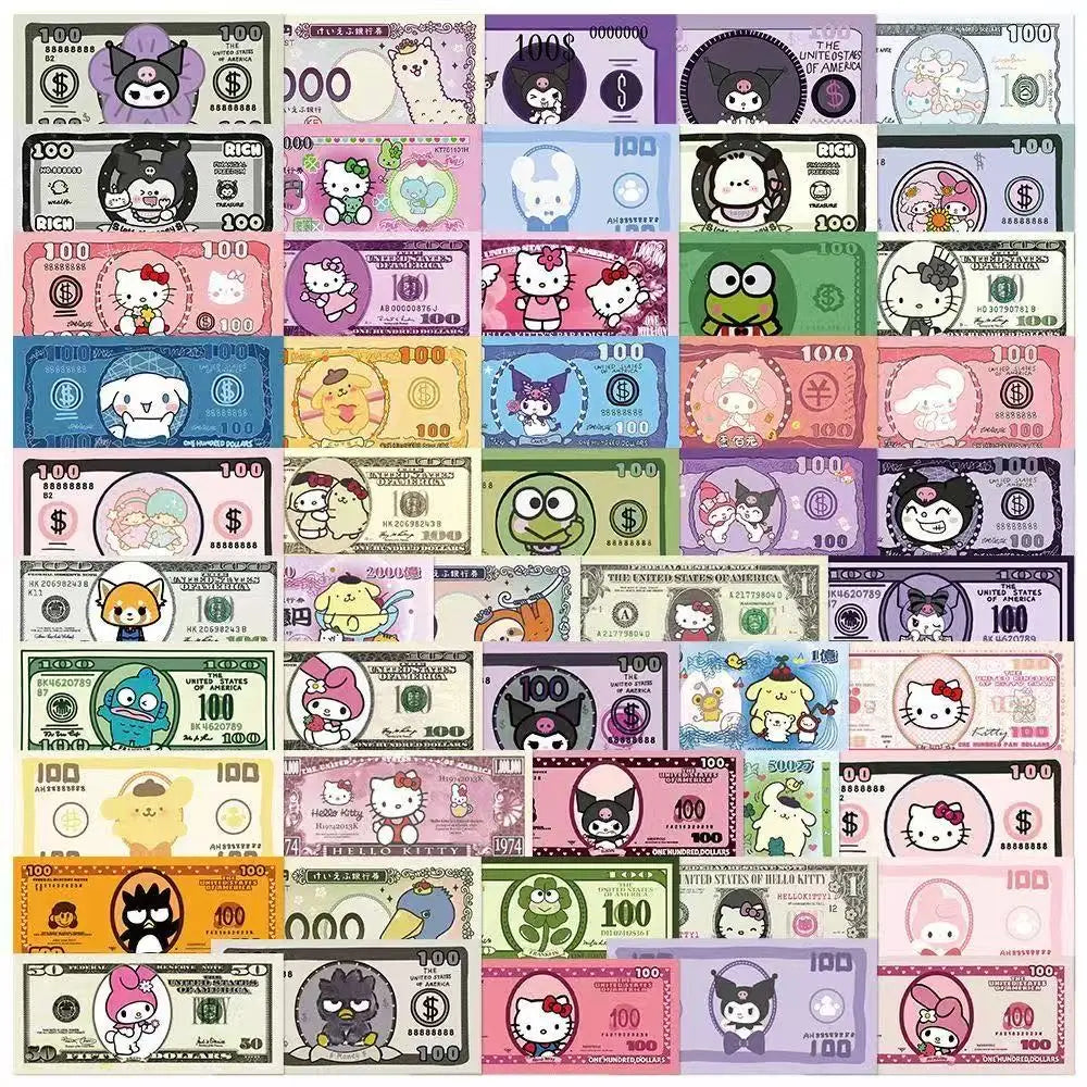 Hello Kitty & Kuromi Money Stickers – 50pcs Kawaii Decals