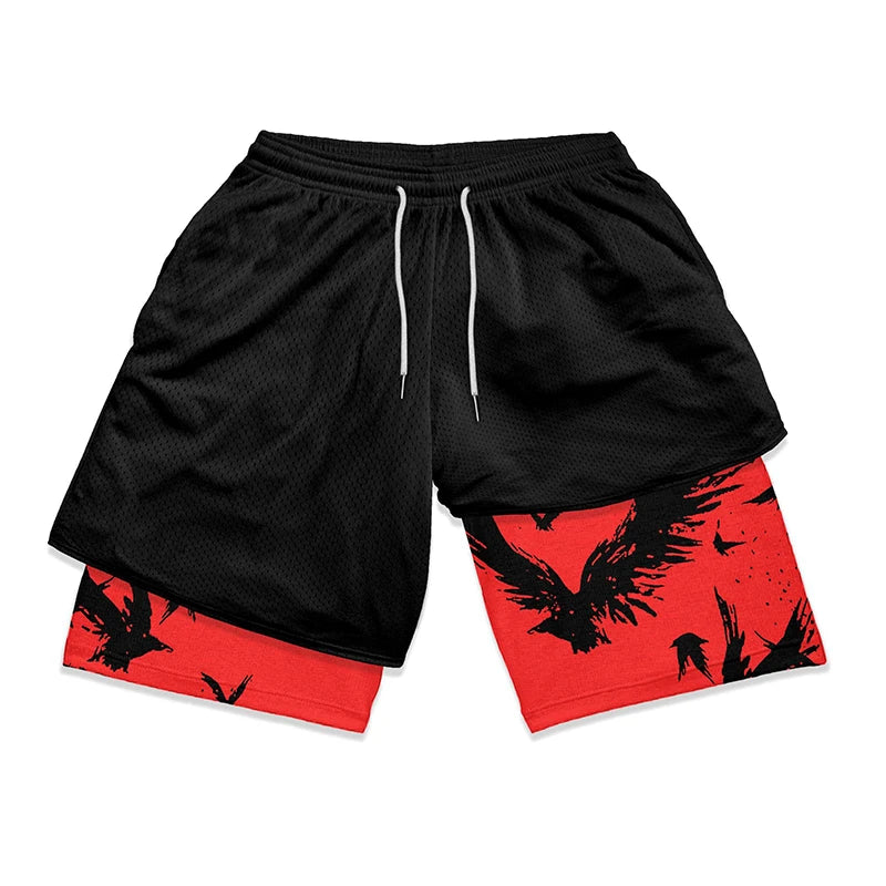 Anime Print 2-in-1 Gym Shorts with Pockets