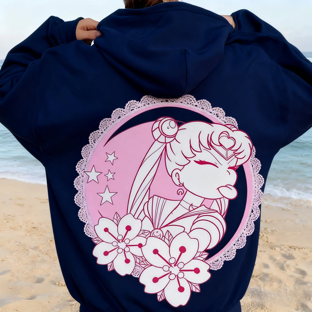Sailor Moon Kawaii Pink Hoodie – Moon & Flower Print