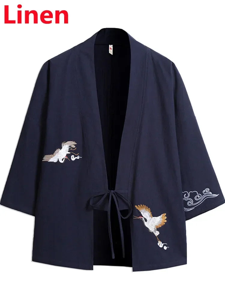 Crane Embroidery Haori Kimono – Japanese Samurai Jacket