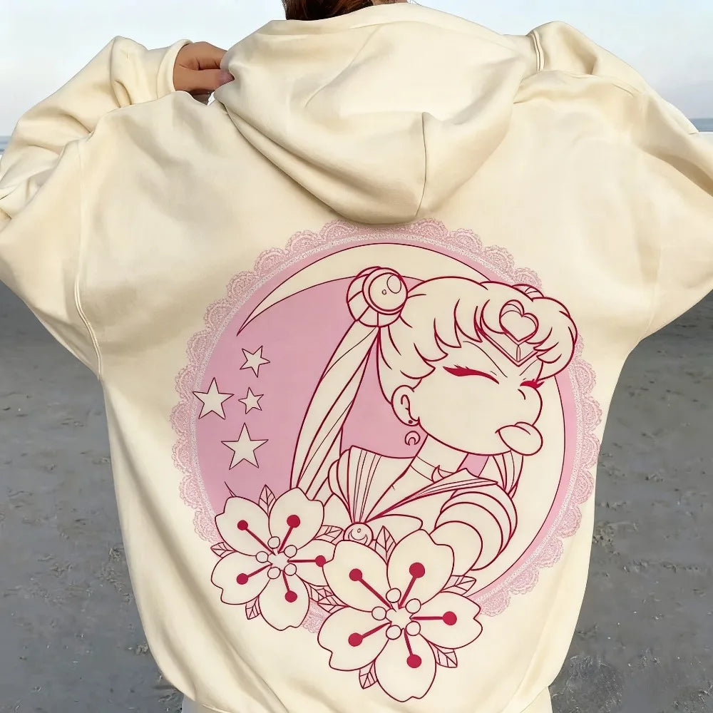 Sailor Moon Kawaii Pink Hoodie – Moon & Flower Print