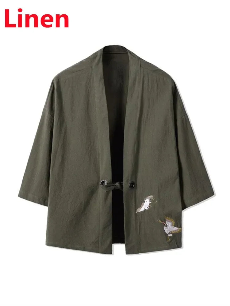 Crane Embroidery Haori Kimono – Japanese Samurai Jacket