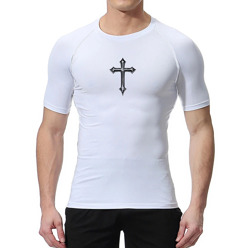 Cross Print Compression Shirt for Men Christian Athletic T-Shirt Tees Tops Gym Workout Running Base Layers Undershirts Rash Guard