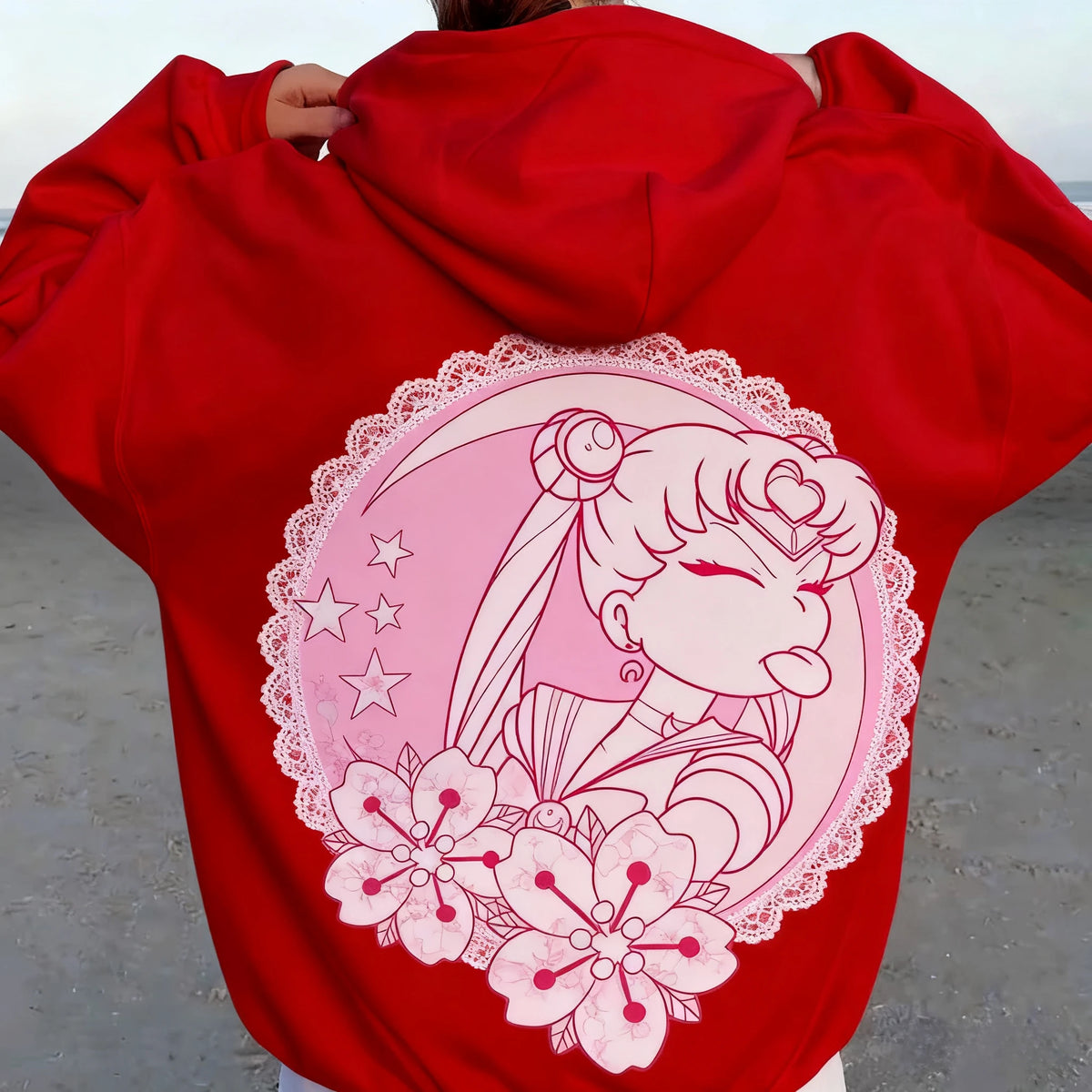 Sailor Moon Kawaii Pink Hoodie – Moon & Flower Print