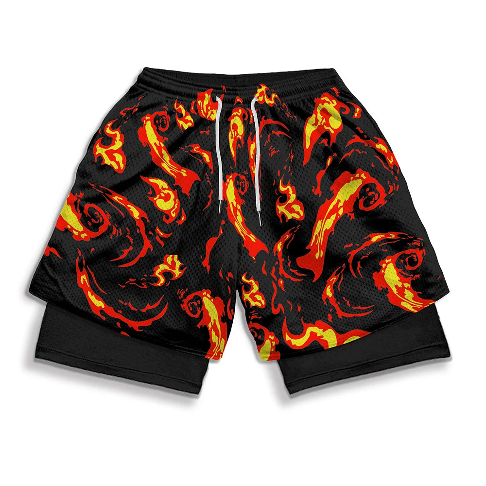 Anime Print 2-in-1 Gym Shorts with Pockets