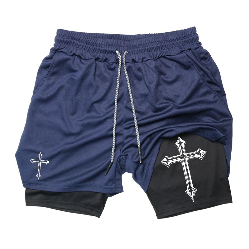 Cross Print 2-in-1 Gym Shorts with Compression Liner