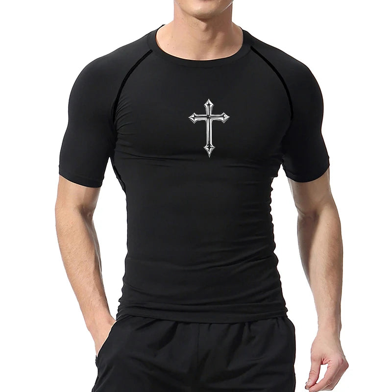 Cross Print Compression Gym Shirt – Quick Dry