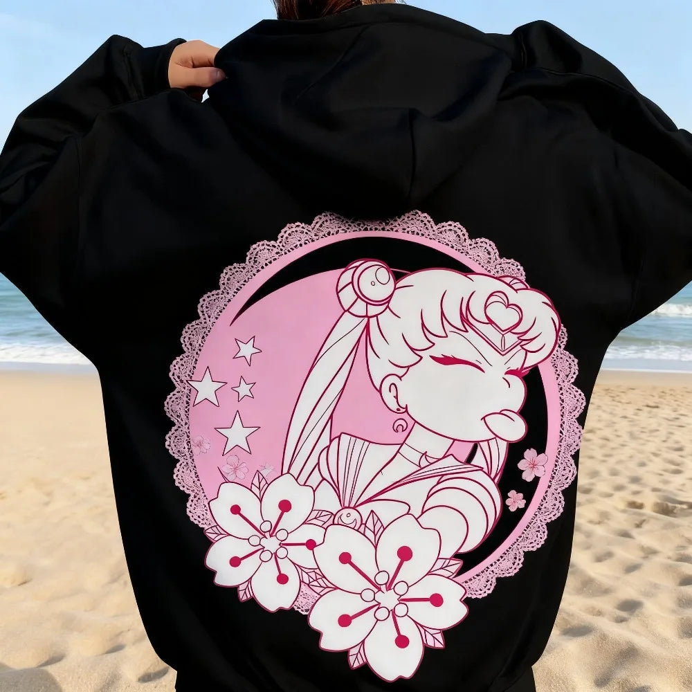 Sailor Moon Kawaii Pink Hoodie – Moon & Flower Print