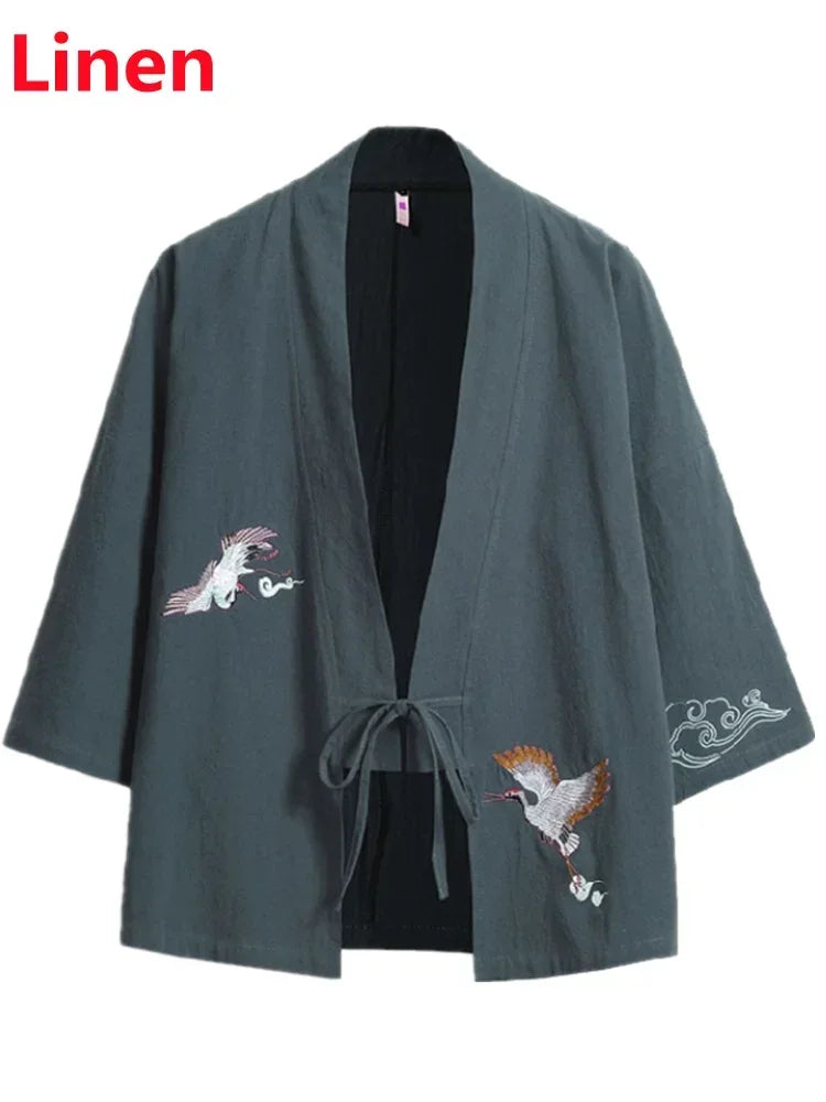 Crane Embroidery Haori Kimono – Japanese Samurai Jacket