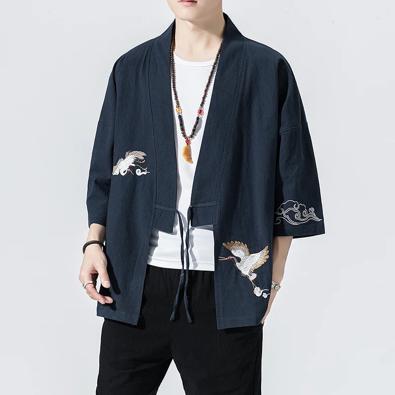 Crane Embroidery Haori Kimono – Japanese Samurai Jacket