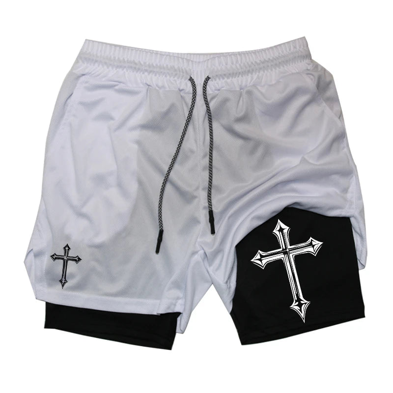 Cross Print 2-in-1 Gym Shorts with Pocket