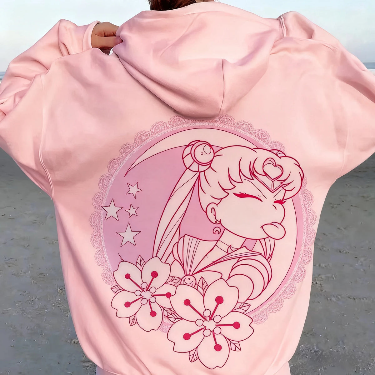 Sailor Moon Kawaii Pink Hoodie – Moon & Flower Print