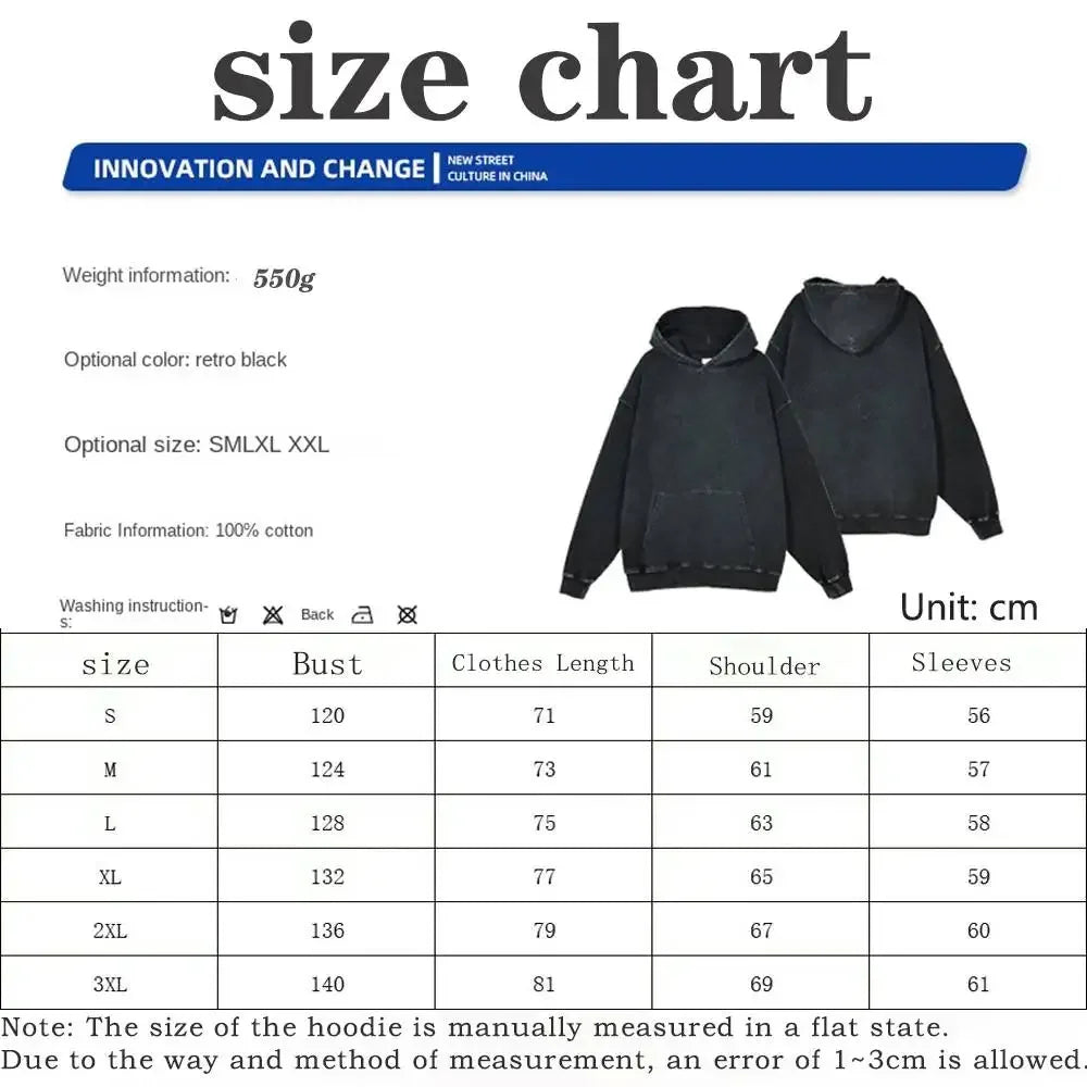 Men's Vintage Washed Cotton Hoodie Anime Demon Slayer Inosuke and Kanao Character Back Graphic with Sword Loose Y2K Hip Hop