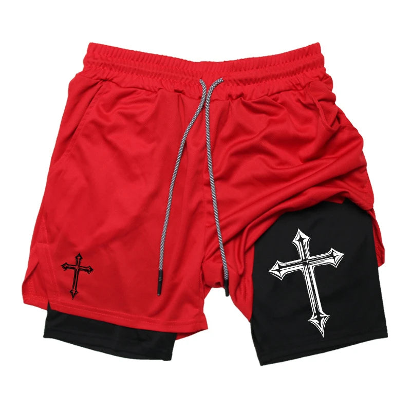 Cross Print 2-in-1 Gym Shorts with Compression Liner