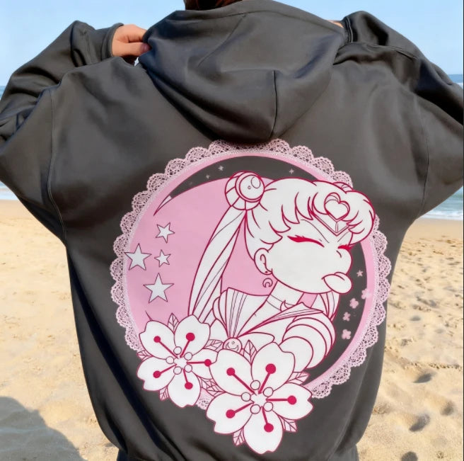 Sailor Moon Kawaii Pink Hoodie – Moon & Flower Print