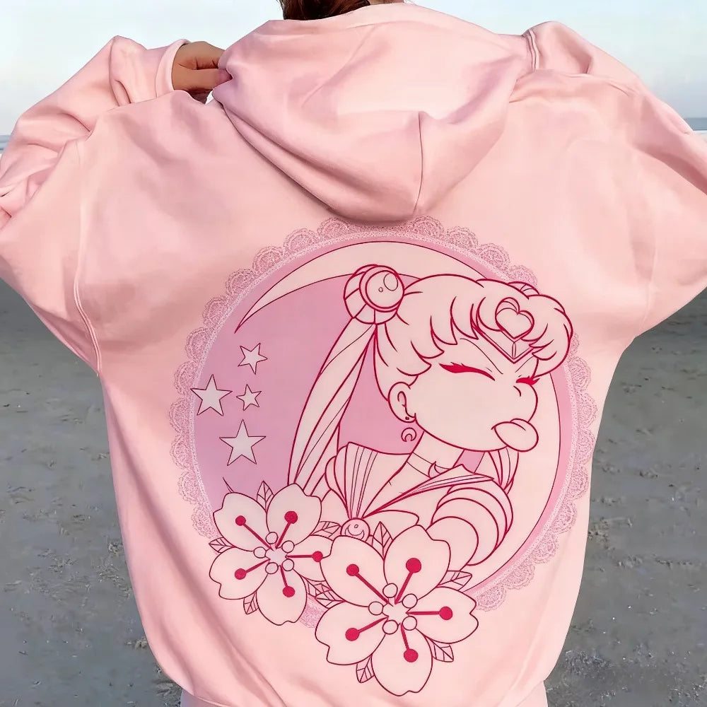 Sailor Moon Kawaii Pink Hoodie – Moon & Flower Print
