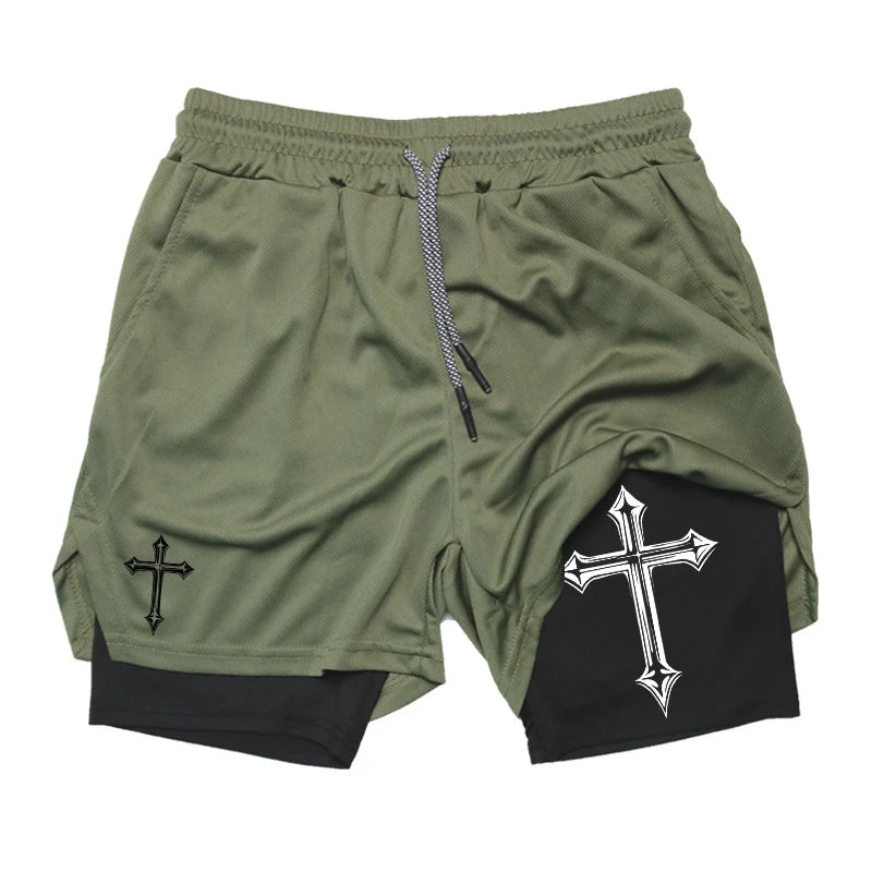 Cross Print 2-in-1 Gym Shorts with Compression Liner
