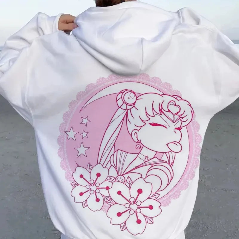 Sailor Moon Kawaii Pink Hoodie – Moon & Flower Print