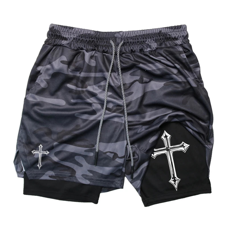 Cross Print 2-in-1 Gym Shorts with Compression Liner
