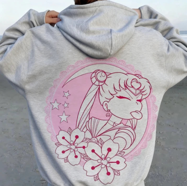 Sailor Moon Kawaii Pink Hoodie – Moon & Flower Print