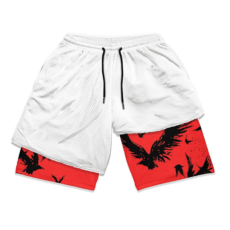 Anime Print 2-in-1 Gym Shorts with Pockets