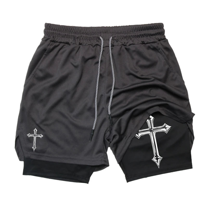 Cross Print 2-in-1 Gym Shorts with Compression Liner