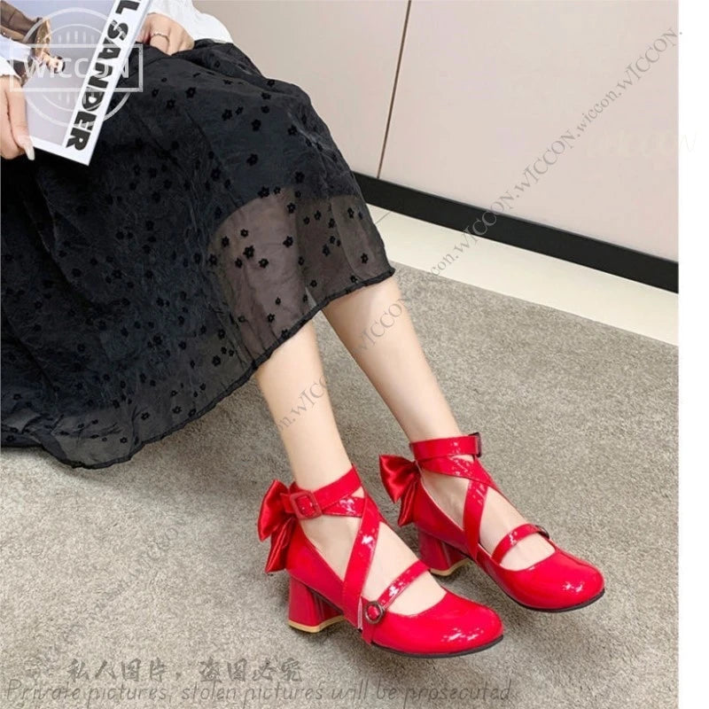 Kaname Madoka Anime Puella Magi Madoka Magica Cosplay Shoes Women Lolita Red Bow High Heels Leather Boots Halloween Costume Prop