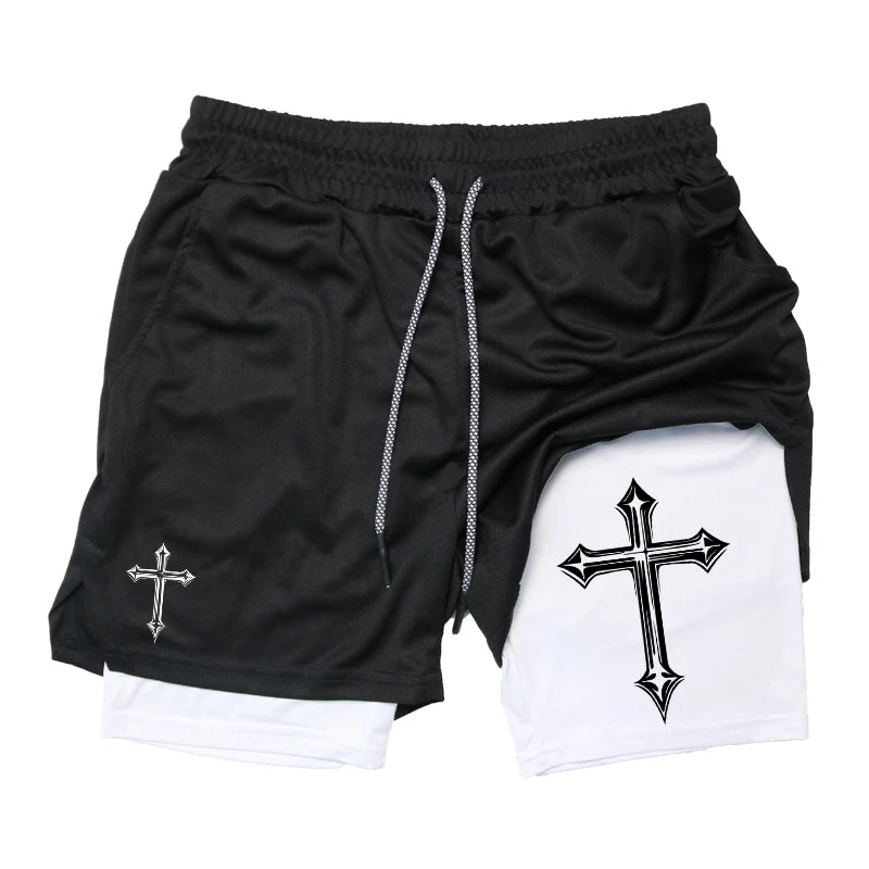 Cross Print 2-in-1 Gym Shorts with Pocket