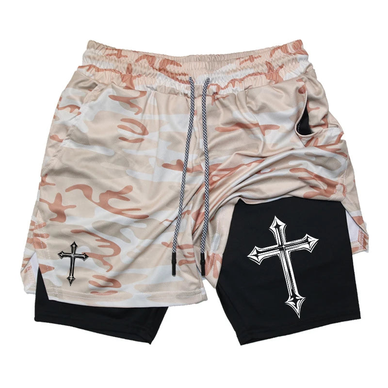 Cross Print 2-in-1 Gym Shorts with Compression Liner