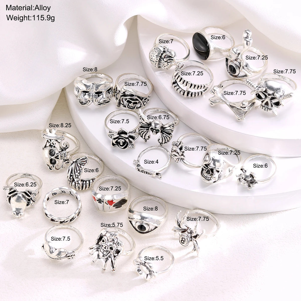 Gothic Skeleton Ring Set – 24pcs Punk Rings