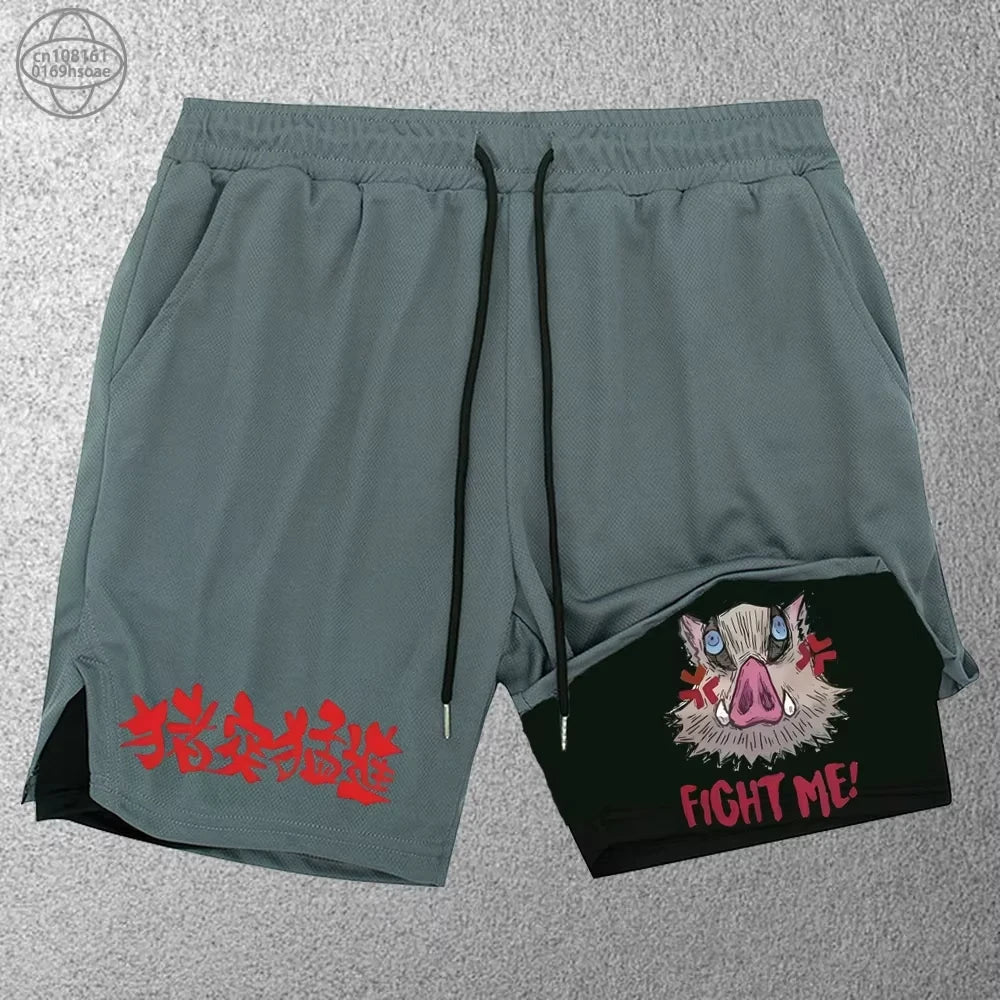 Men's Fitness Two-in-One Shorts Double-Layer Beach Pants Trendy Printed Sports Shorts Outdoor Training Running Shorts S-2XL