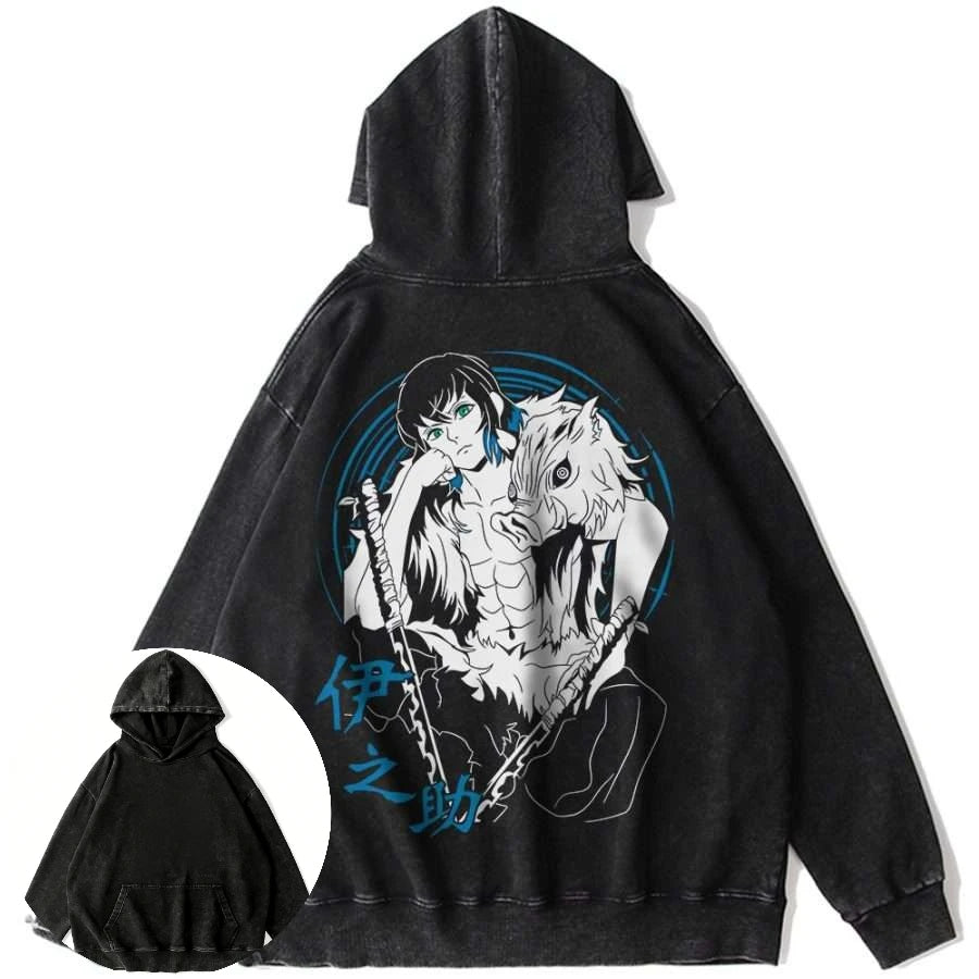 Men's Vintage Washed Cotton Hoodie Anime Demon Slayer Inosuke and Kanao Character Back Graphic with Sword Loose Y2K Hip Hop