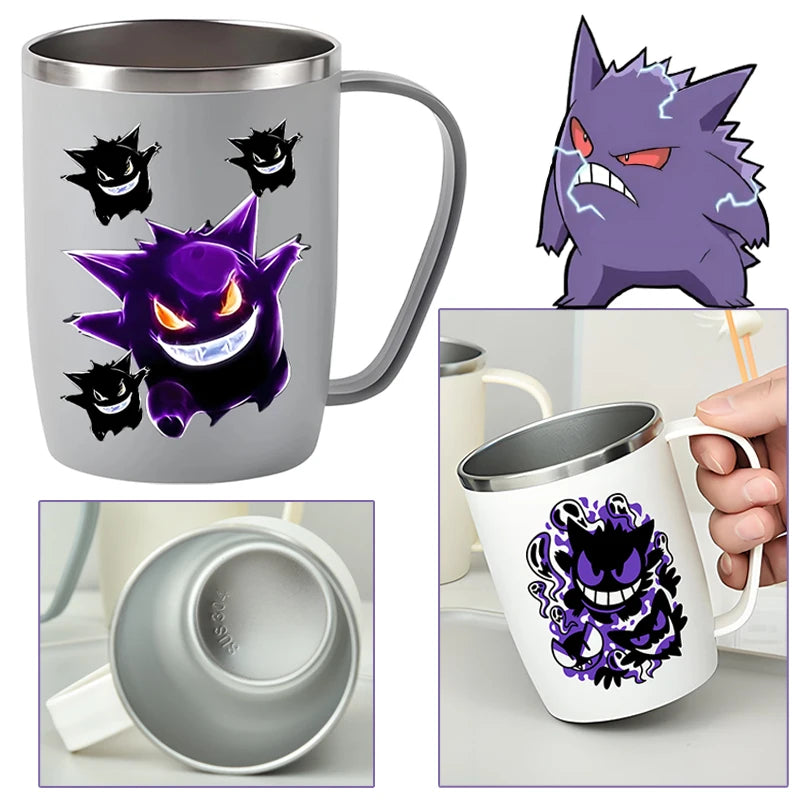 450ml Gengar Water Mug 304 Stainless Steel Coffee Cup Cartoon Double Layer Milk Breakfast Mug with Plastic Handle Office Tea Cup