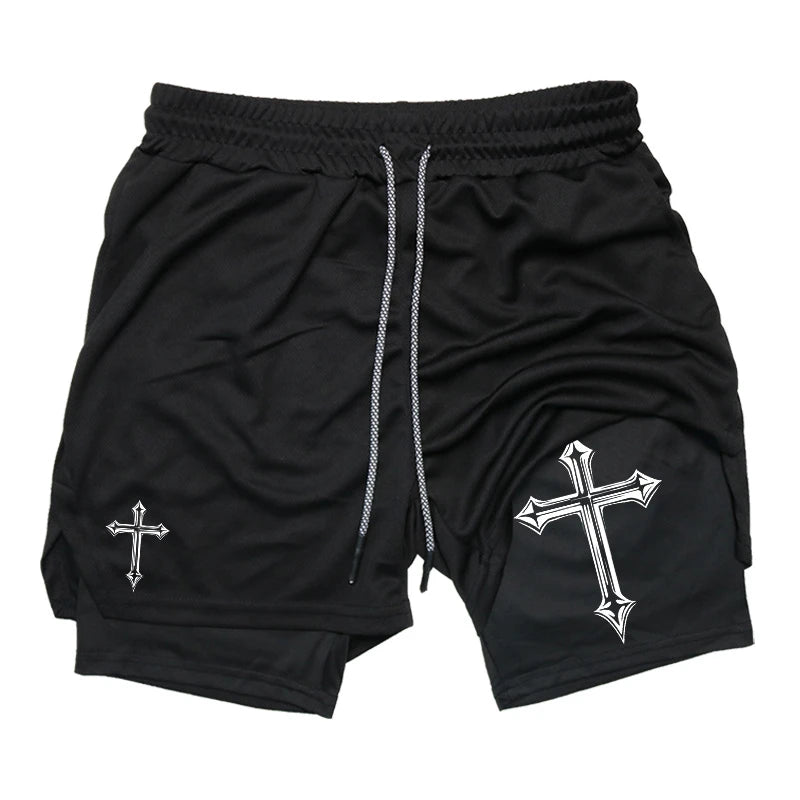 Cross Print 2-in-1 Gym Shorts with Compression Liner