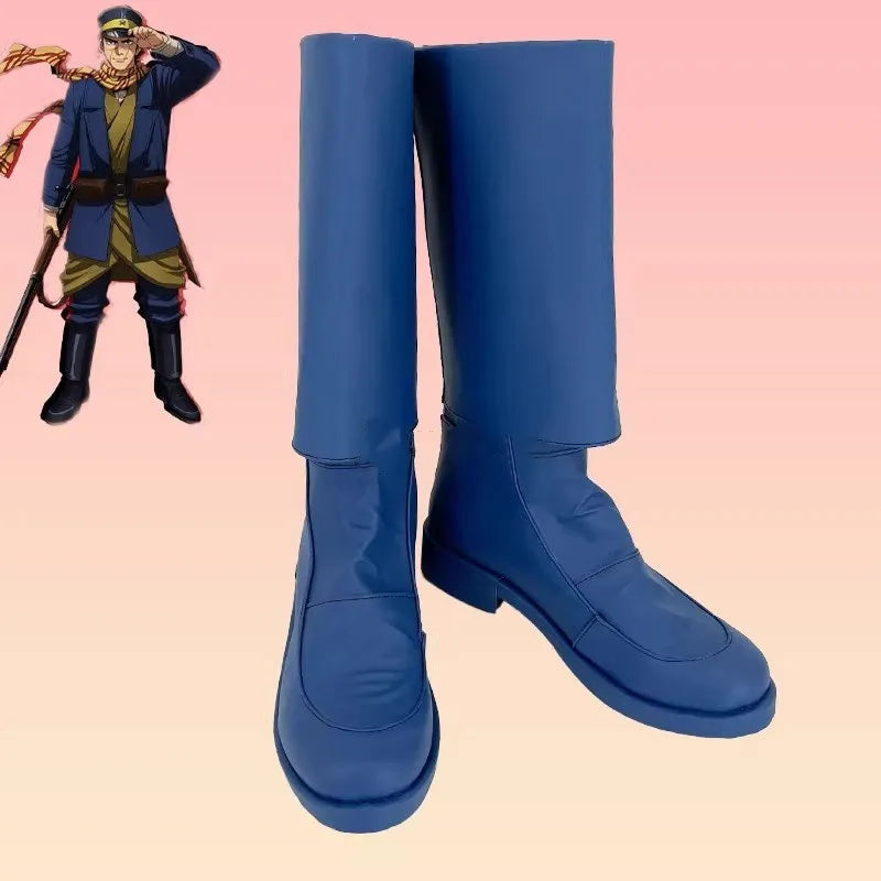 Golden Kamuy Saichi Sugimoto Cosplay Costume Shoes Blue Handmade Faux Leather Boots