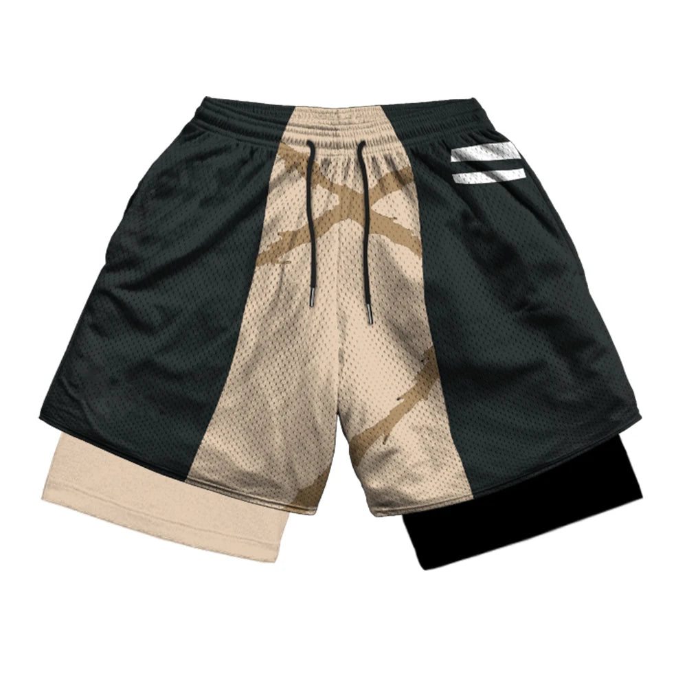 Anime Print 2-in-1 Gym Shorts with Pockets