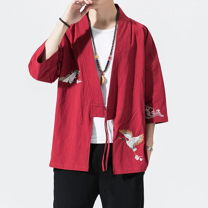 Crane Embroidery Haori Kimono – Japanese Samurai Jacket