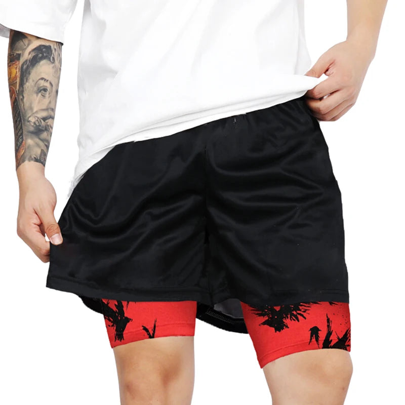 Anime Print 2-in-1 Gym Shorts with Pockets