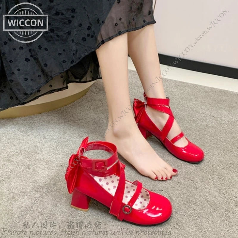 Kaname Madoka Anime Puella Magi Madoka Magica Cosplay Shoes Women Lolita Red Bow High Heels Leather Boots Halloween Costume Prop