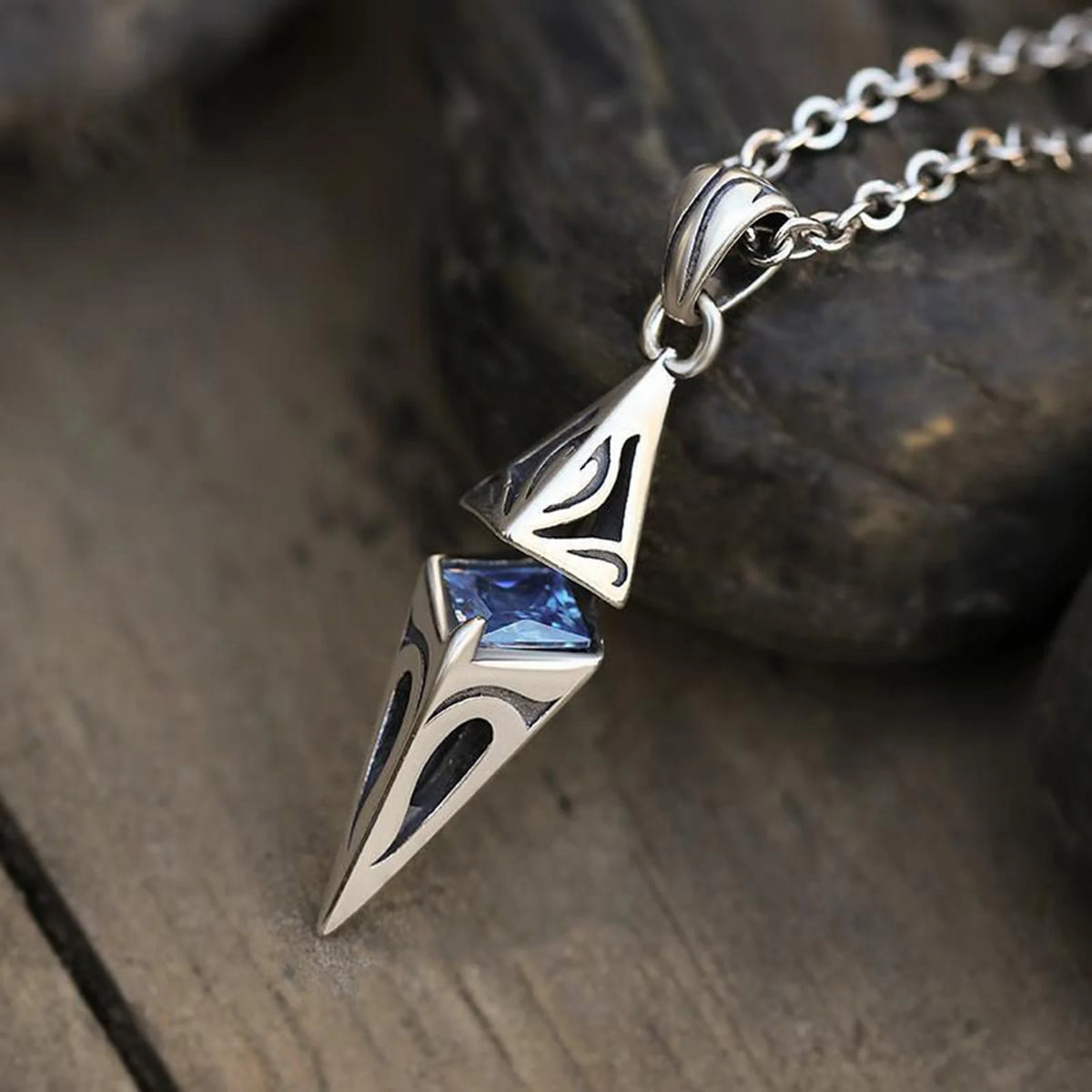 Blue Stone Cube Pendant Necklace – Men's Stainless Steel
